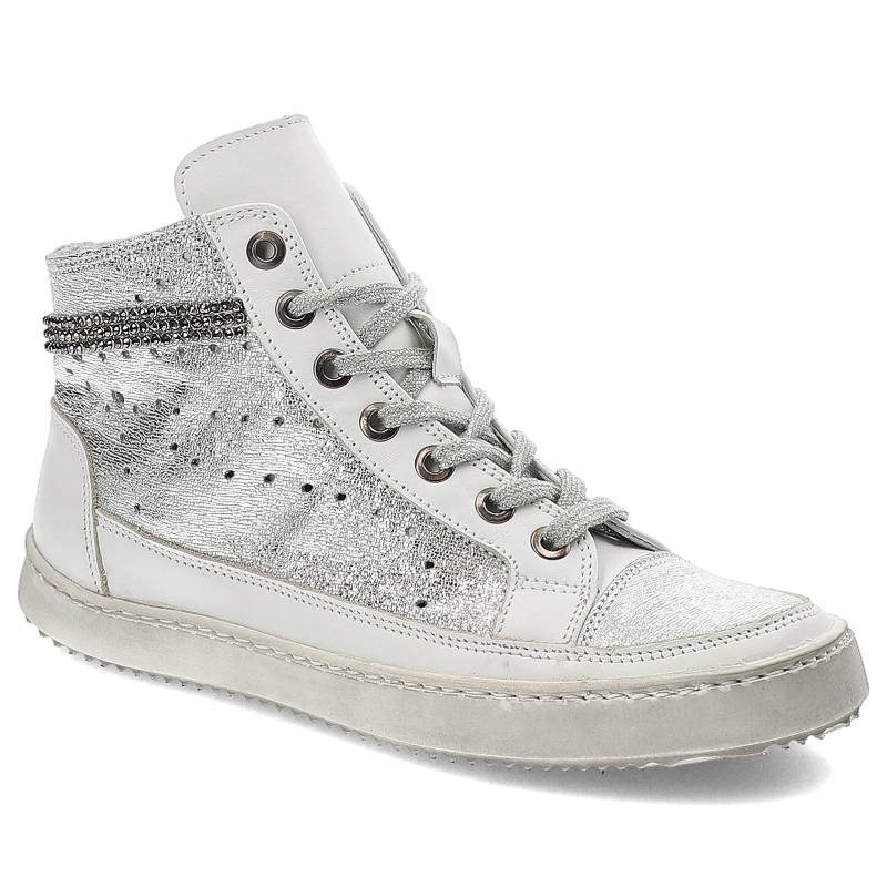 Sneakersy damskie Carinii, skórzane i sportowe, białe srebrne, B3334_-967-G01-000-A48