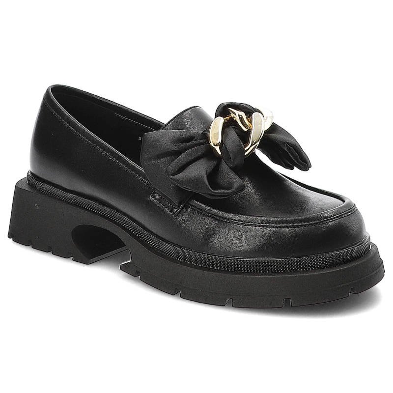 Półbuty damskie Artiker, cholewka z gładkiej skóry naturalnej z dekoracyjną kokardą i metalowym łańcuchem na podbiciu masywna podeszwa o grubej konst