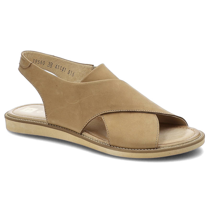 Sandały damskie Nessi, naturalna skóra zamszowa z krzyżującymi się paskami na cholewce elastycznym wykończeniem, camel, 19560-1