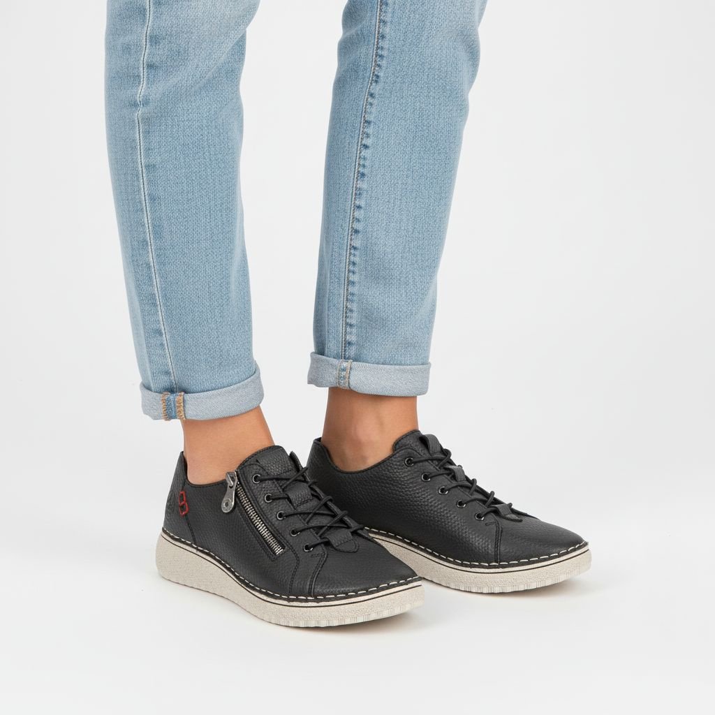 Półbuty damskie Rieker, cholewka ze skóry naturalnej o ziarnistej fakturze z sznurowaniem i bocznym zamkiem, niebieskie, 50965-14