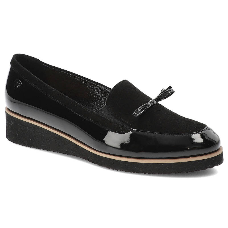 Mokasyny damskie Szydłowski, lakierowane wsuwane i z elegancką kokardką, czarne, 1605-Czarny-19-Z-1