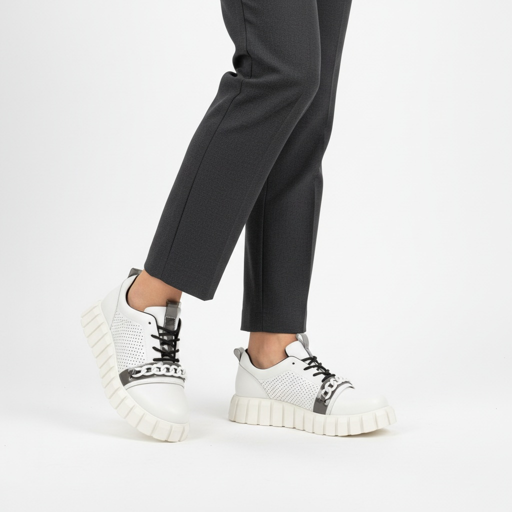 Sneakersy damskie Artiker cholewka ze skóry naturalnej licowej z perforowanym panelem bocznym i sznurowaniem uzupełnionym dekoracyjnym łańcuchem, bia