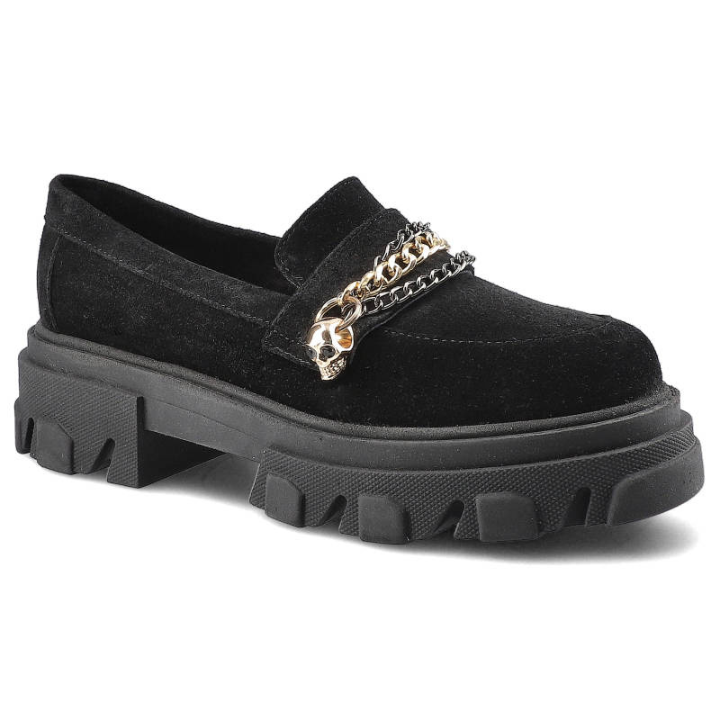 Półbuty damskie Carinii, Wykonane z miękkiego materiału zamszowego z gładką cholewką klasycznym wycięciem ozdobnym łańcuszkiem z metalowym detalem or