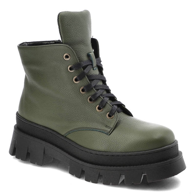 Botki damskie Blu, ze skóry naturalnej z wiązaną konstrukcją zabudowaną cholewką masywną podeszw, zielone, 99-13 G