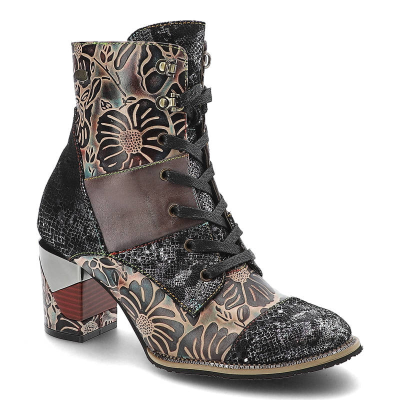 Botki damskie Laura Vita, cholewka z naturalnej skóry łączonej z materiałem o tłoczonej strukturze i wzorem kwiatowym, stalowe, Maevao‑02‑Acier