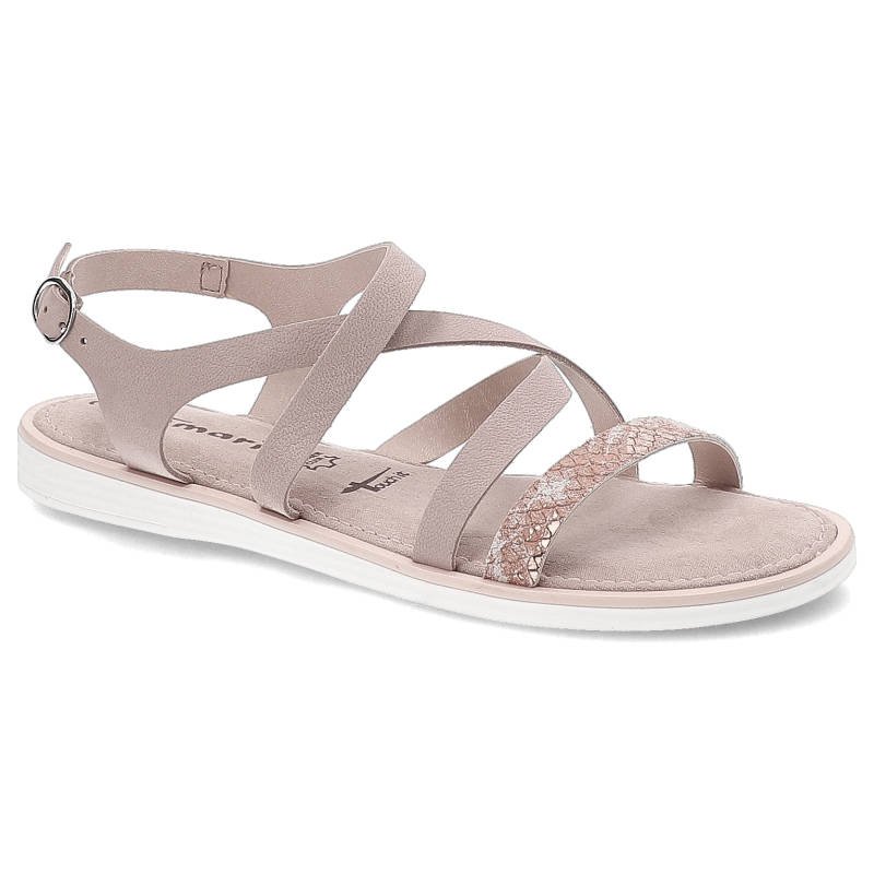 Sandały damskie Tamaris, naturalna skóra licowa z cienkimi krzyżującymi się paskami regulowanym zapięciem na sprzączkę oraz płaską lekką podeszwą, ró