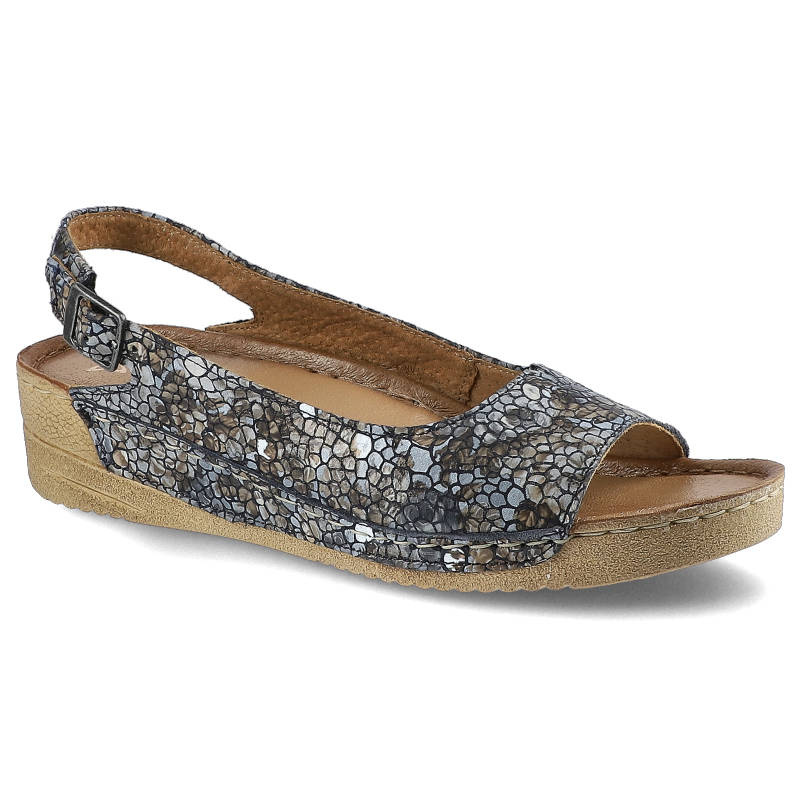 Sandały damskie Maciejka, naturalna skóra nubuk z metalicznym mozaikowym wzorem z odkrytą piętą na pasku oraz lekką podeszwą o lekko podwyższonym pro