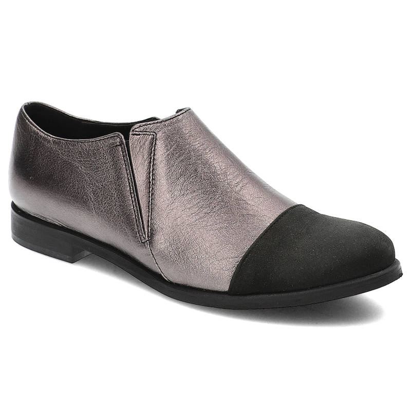 Półbuty damskie Karino, skóra naturalna zapinana przy kostce i na płaskim obcasie, czarno-srebrne, 1682-115-P