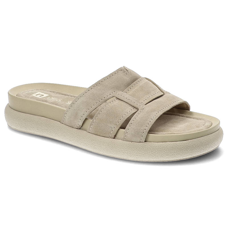 Klapki damskie Nessi, naturalna skóra zamszowa z szerokimi paskami na cholewce profilowaną wkładką, bez, 22213-W4