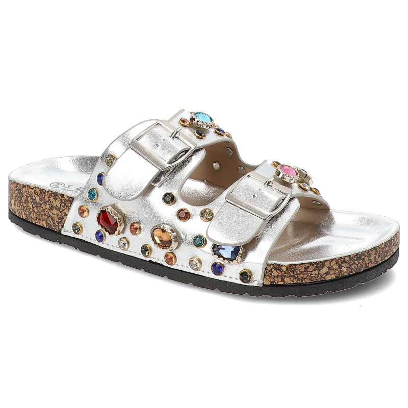 Srebrne Klapki S.Barski Eleganckie Obuwie Damskie Z Kryształkami