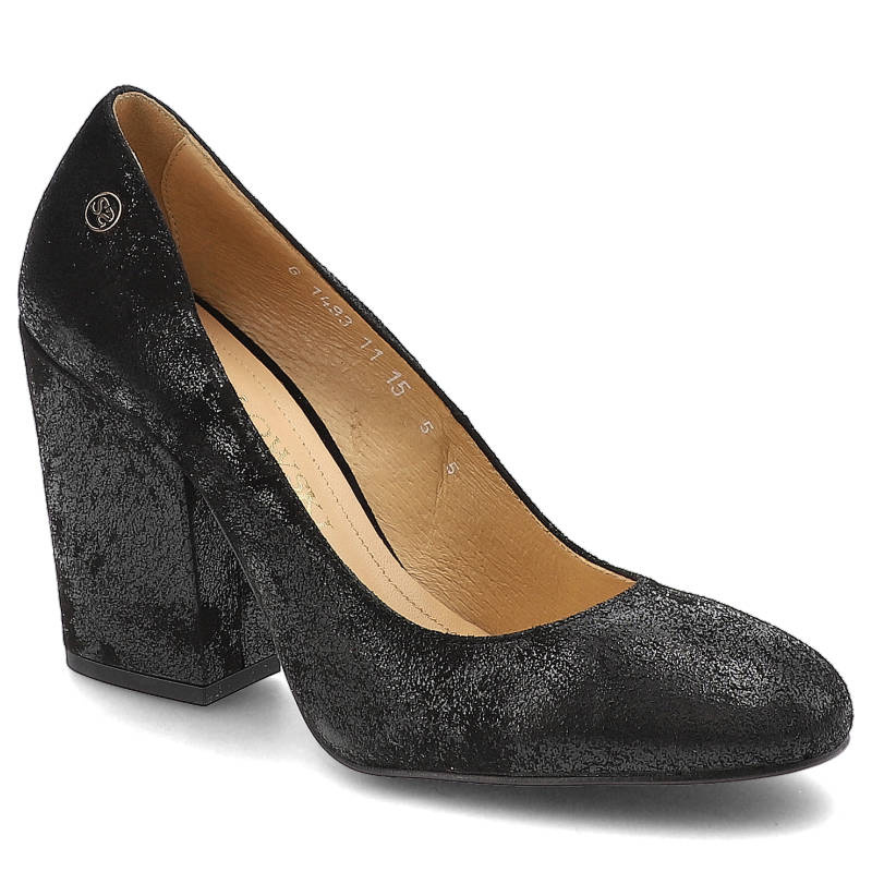 Czółenka damskie Szydłowski, lśniąca skóra zamszowa na wysokim słupku, czarne, 1493-Czarny-237