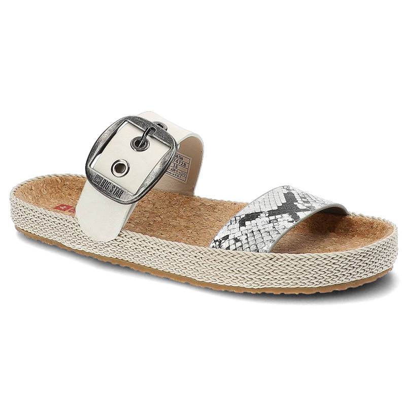 Klapki damskie Big Star, materiał syntetyczny z regulowanym paskiem zapinanym na klamrę profilowaną wkładką, białe wężowe, JJ274728