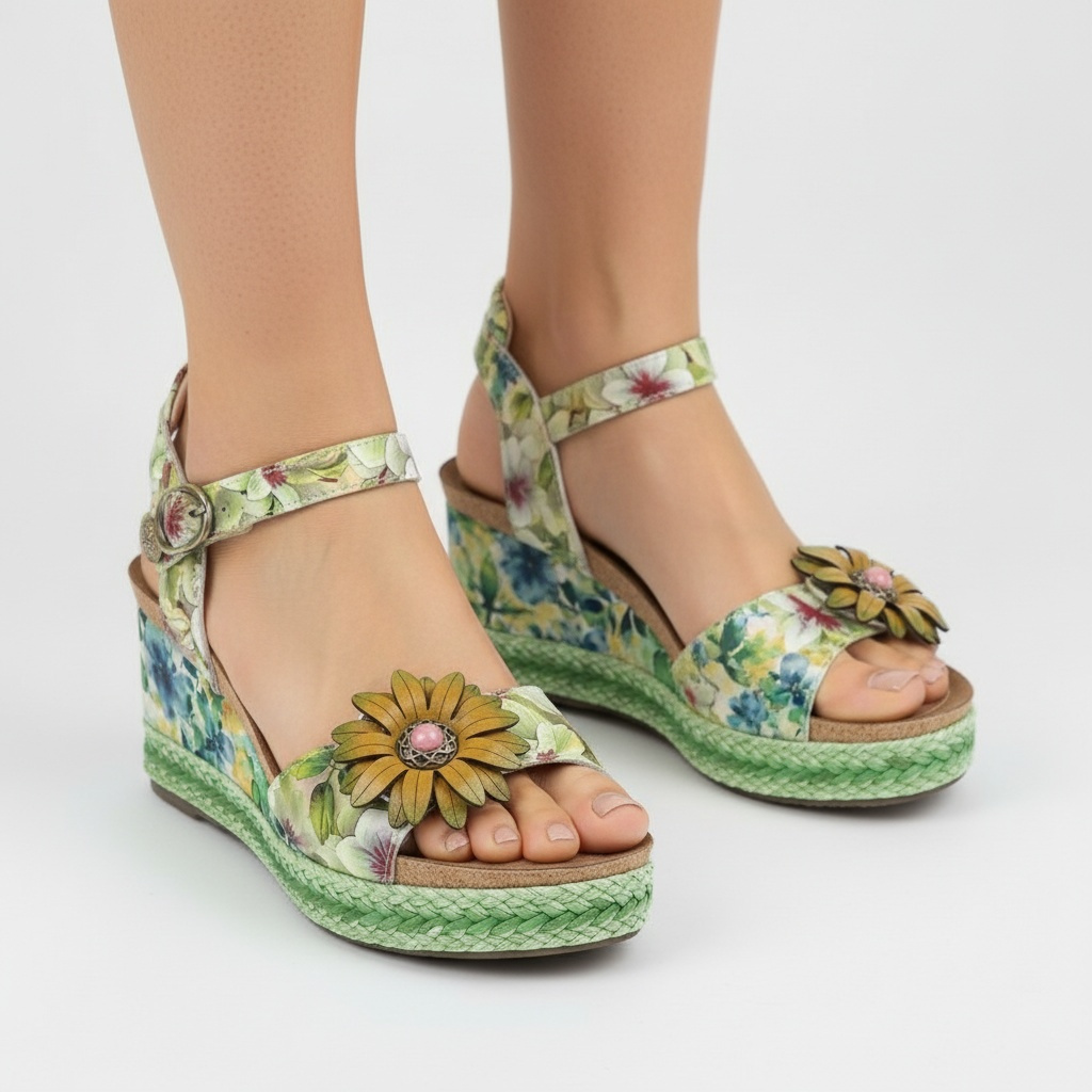 Sandały damskie Laura Vita, ze skóry naturalnej z odkrytym przodem i regulowanym zapięciem przy kostce, zielone, Facyo 75 AC1198-75 Vert