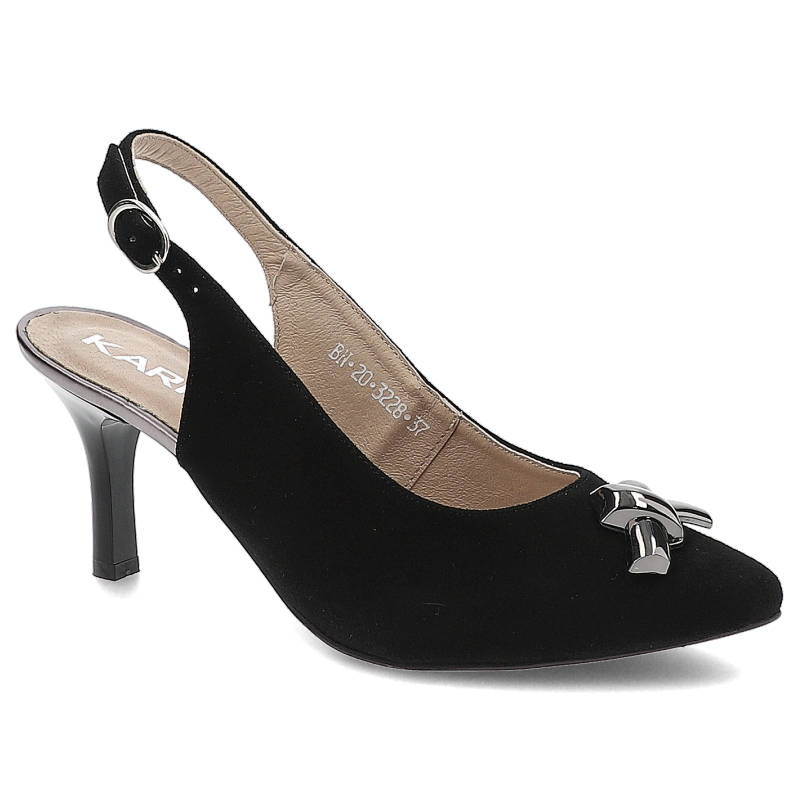 Sandały damskie Karino, naturalna skóra licowa z odkrytą piętą i regulowanym paskiem na sprzączce spiczastym noskiem z metalową aplikacją oraz smukły