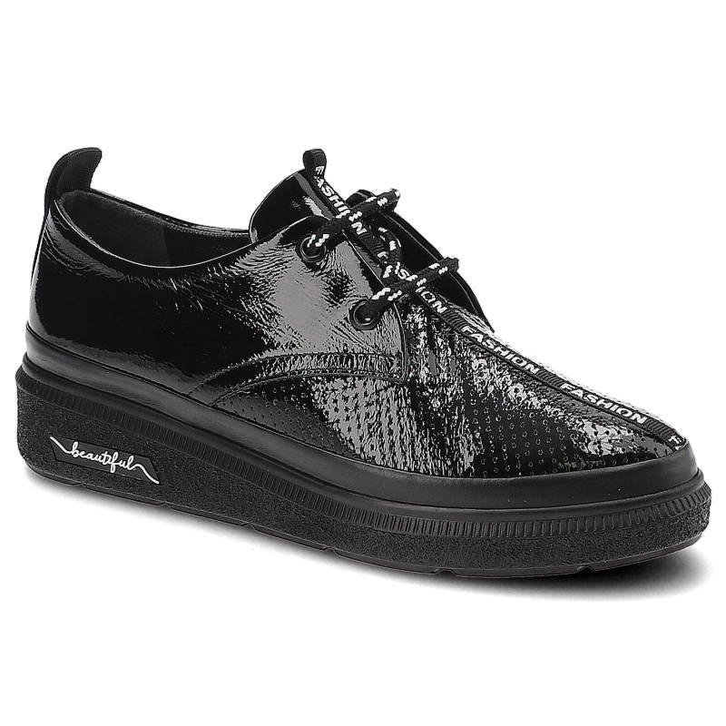 Półbuty damskie Ravini, lakierowana cholewka o wyrazistym połysku klasyczne sznurowanie z dekoracyjną taśmą, czarne, 195-500-2-Czarny-30-T-Prsyh