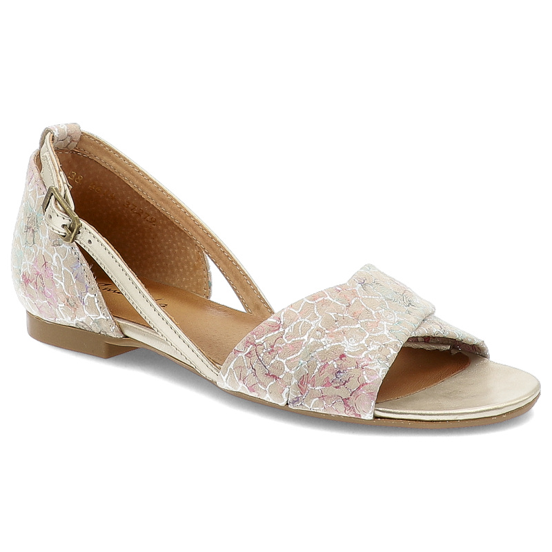 Sandaly damskie Maciejka, skórzane na płaskim obcasie w barwne wzory i wsuwane, beżowe z kwiatkam, 04614-22-00-5