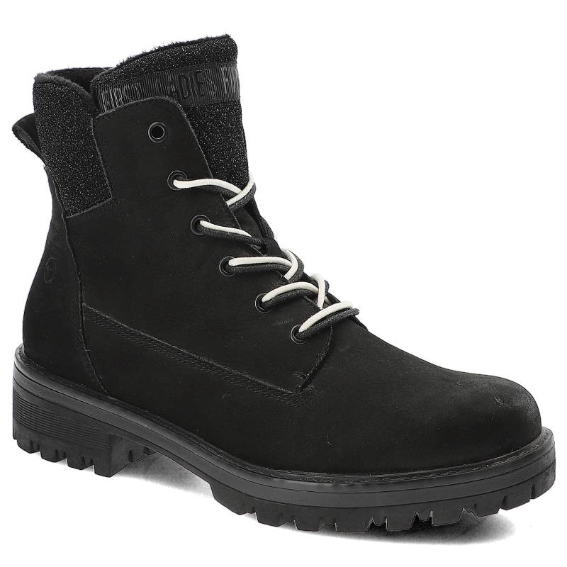 Botki damskie Tamaris, naturalna skóra licowa z klasycznym sznurowaniem miękkim kołnierzem oraz masywną podeszwą z głębokim bieżnikiem, czarne, 1-252