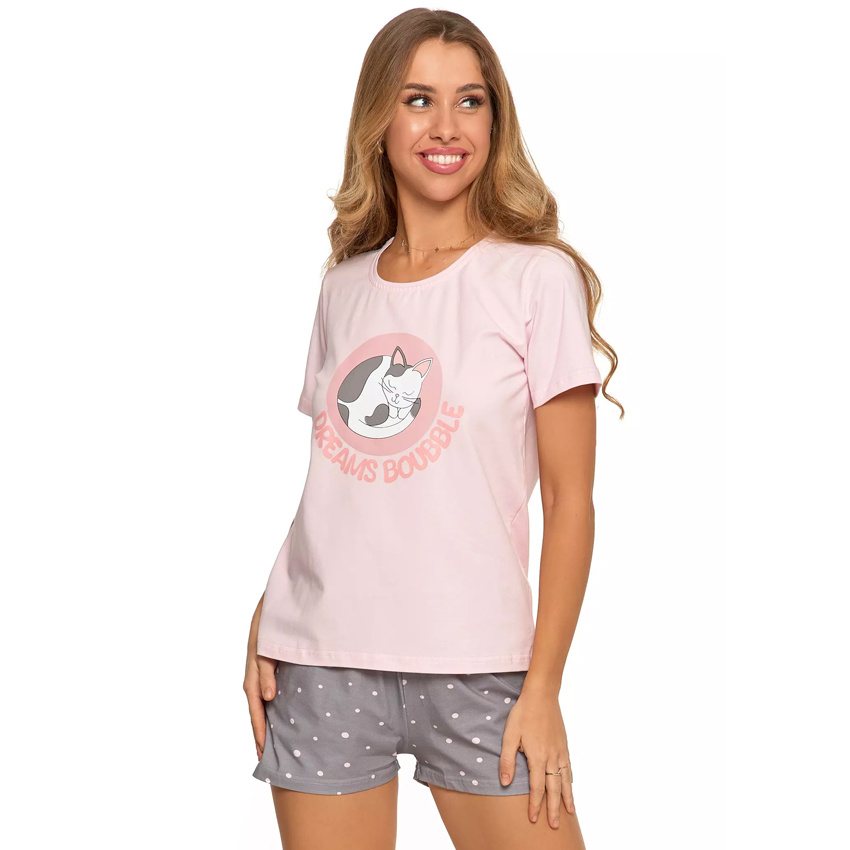 Piżama damska Moraj, spodenki w kropki i koszulka z kotem z krótkim rękawem, różowa, PDD3200-016