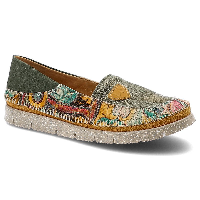 Półbuty damskie Maciejka, zamszowa cholewka z kolorowymi akcentami wsuwany fason bez zapięć, zielony, 05434-09-00-5