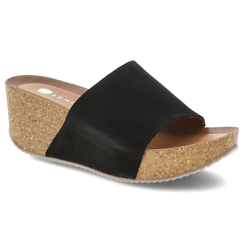 Klapki damskie Armdo, zamszowe na koturnie z miękkimi wkładkami, czarny, 40311-W