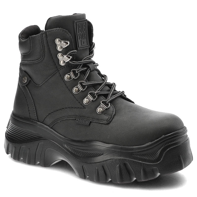 Botki damskie Big Star, ze skóry naturalnej licowej z wysoką sznurowaną cholewką metalowymi hakami i oczkami, czarne, KK274368