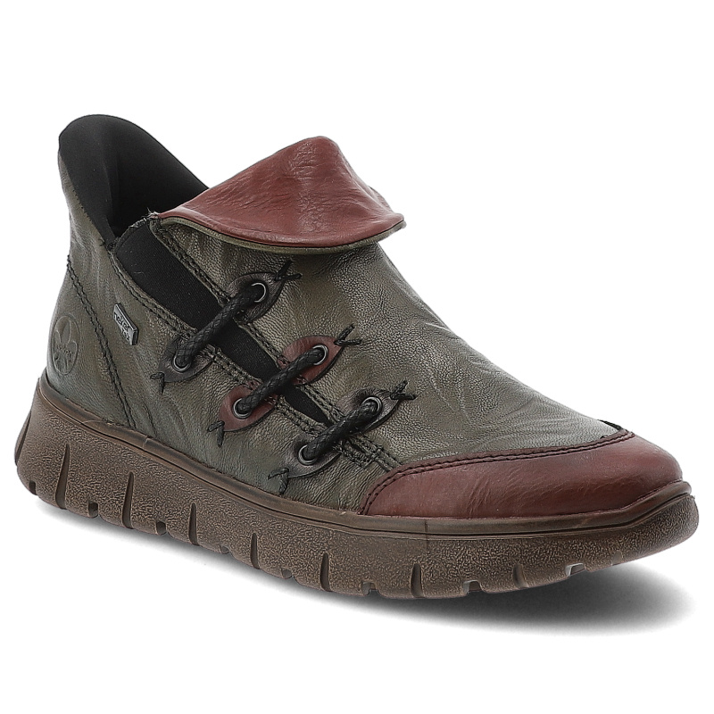 Botki damskie Rieker, skórzane licowe na grubej podeszwie antistress ocieplane z ozdobną cholewką, zielone, N1353-52