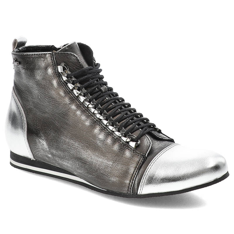 Botki damskie Libero, metaliczna naturalna skóra licowa z ozdobnym sznurowaniem, nikiel-srebrne, 4925