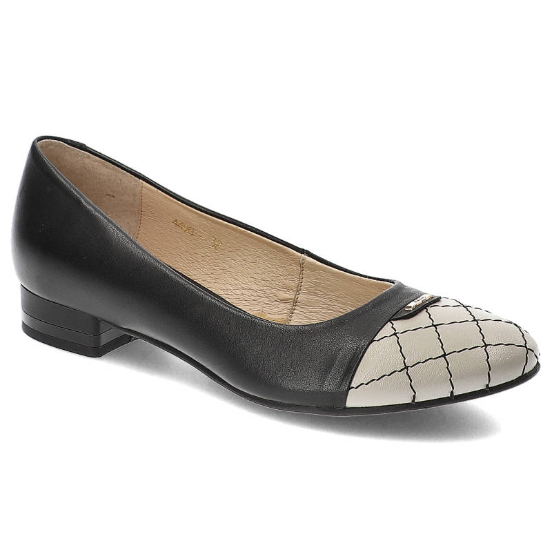 Półbuty damskie Libero, skóra licowa z przeszywanym noskiem i niskim obcasem, czarno-beżowe, 4490
