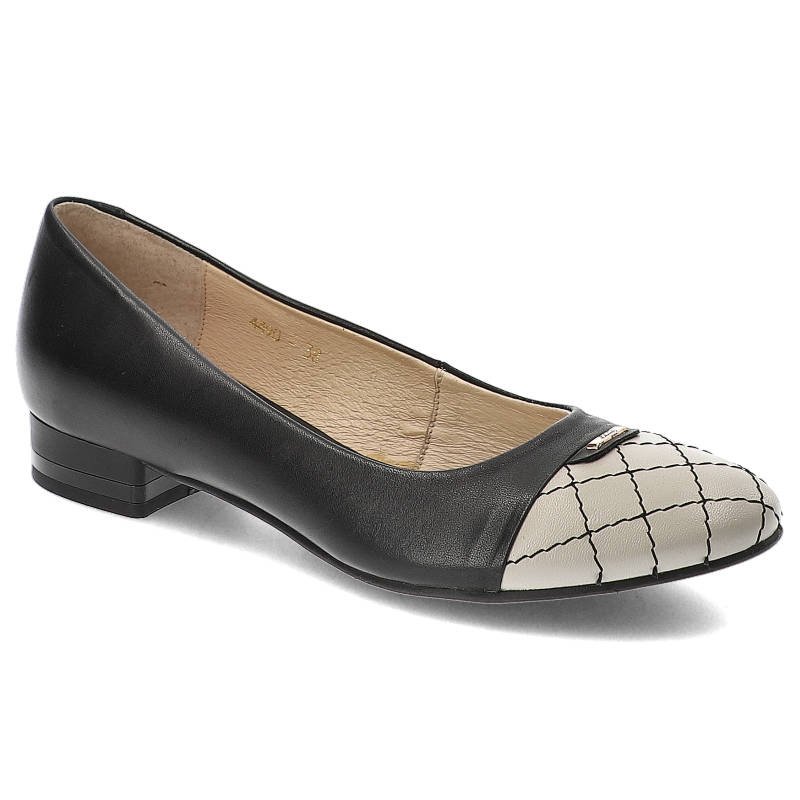 Półbuty damskie Libero, skóra licowa z przeszywanym noskiem i niskim obcasem, czarno-beżowe, 4490