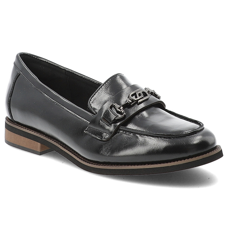 Mokasyny damskie Cambell, skórzane licowe na płaskim obcasie z ozdobą i wsuwane, czarne, 25-19300BK