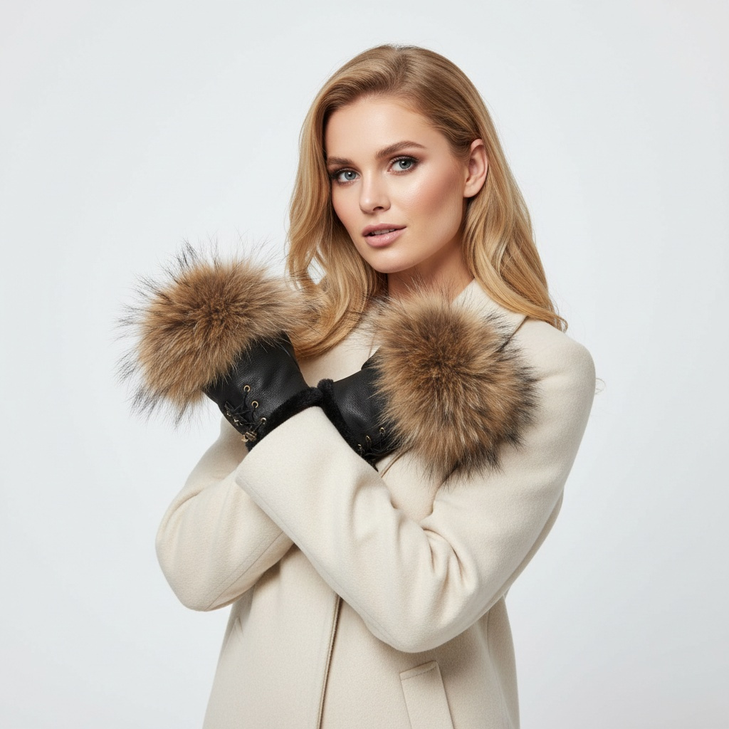 Brązowe Rękawiczki Luka-Pelli Skórzane Mitenki Z Naturalnym Futrem Jenota