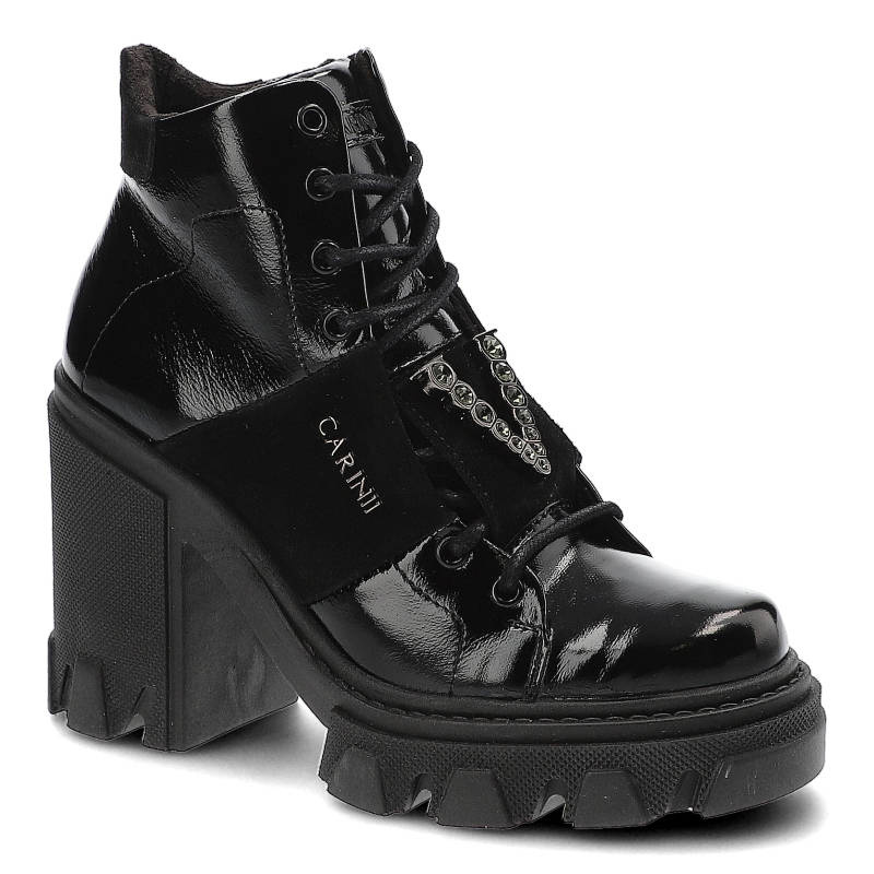 Botki damskie Carinii, naturalna skóra lakierowana masywna podeszwa na stabilnym słupku sznurowana cholewka, czarny, B8503_-070-H20-000-F20