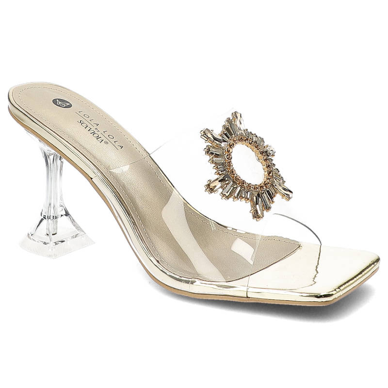 Klapki damskie Scaviola, transparentna cholewka z efektowną biżuteryjną aplikacją wsuwaną konstrukcją oraz dekoracyjnym obcasem, gold, H-26