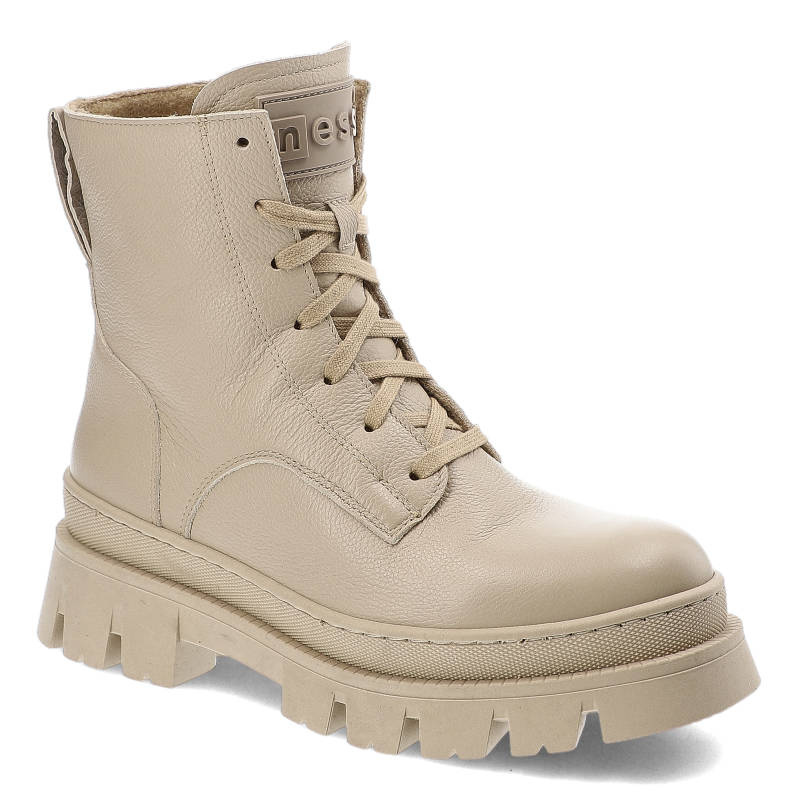 Botki damskie Nessi, z licowej skóry naturalnej sznurowane na masywnej podeszwie z traktorowym bieżnikiem, beżowe, 22385-416