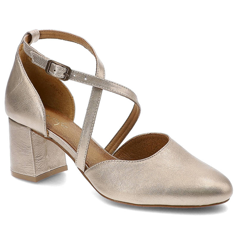 Sandały damskie Maciejka, gładka cholewka o subtelnym połysku krzyżujące się paski z regulacją przy kostce stabilny obcas, złote, 04070-25-00-1