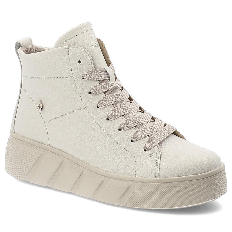 Botki damskie Rieker, revolution sof na grubej podeszwie za kostkę z okrągłym noskiem skórzane, białe, W2661-80