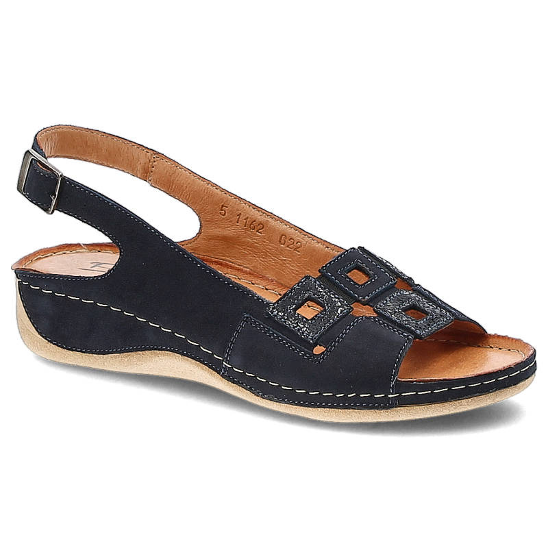 Sandały damskie Pollonus, z regulowanym paskiem na pięcie szerokim przodem z geometrycznymi wycięciami, granatowe, 5-1162-022