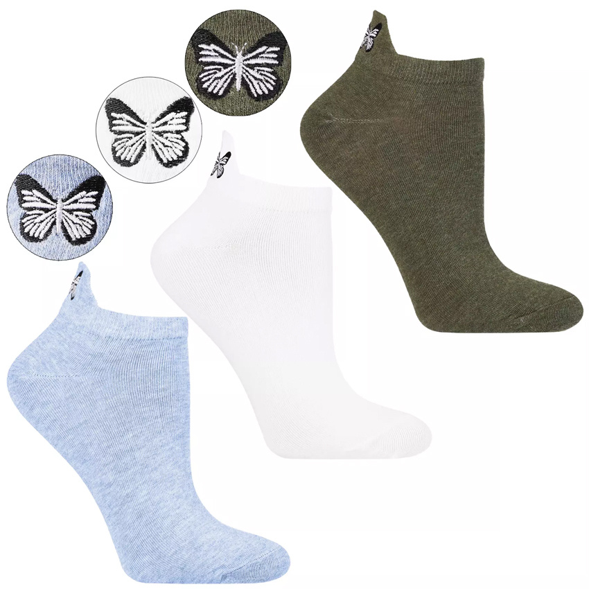 Skarpetki damskie Moraj, bawełniane niskie stopki z motylem na pięcie (3 pary), niebieskie-białe-szare, CSD240-107
