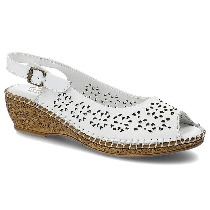 Sandały damskie Lanqier, naturalna skóra licowa z ażurową cholewką regulowanym paskiem na sprzączce oraz koturnem z korkowym wykończeniem, białe, 40C