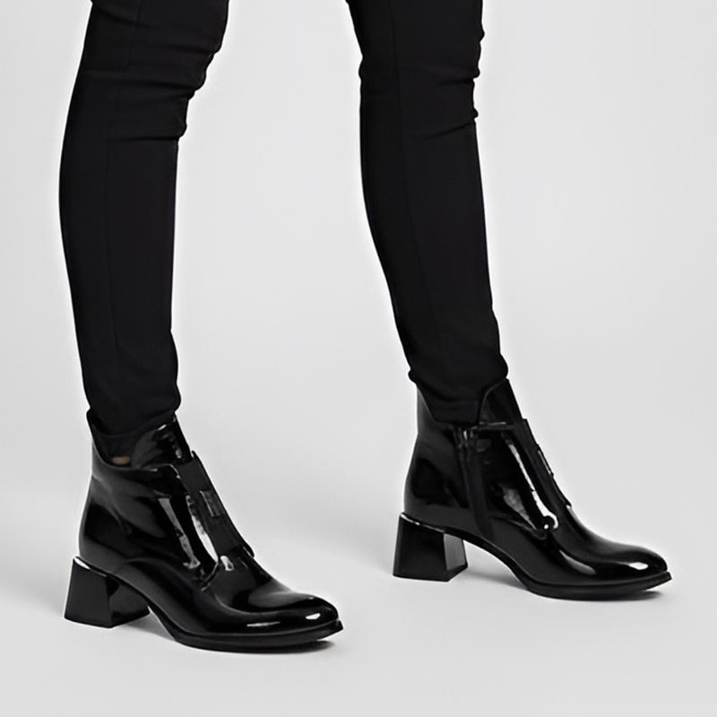 Botki damskie Armodo, lakierowane skórzane na klocku z okrągłym noskiem i na zamek, czarne, 60560