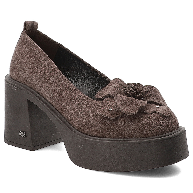 Półbuty damskie Karino, na klocku zamszowe skórzane z kwiatem i wsuwane, brązowe welur, 5771-015-P