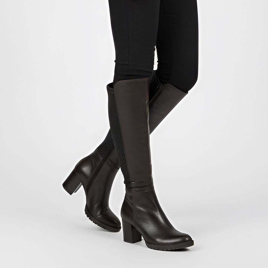 Kozaki damskie Grace, wysoka smukła cholewka ze skóry licowej z elastycznym ściągaczem i wysokim stabilnym obcasem, brązowe, 05110-2-231-T-93-3