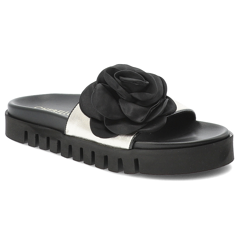 Klapki damskie Chebello, na platformie skórzane z ozdobnym kwiatem, złote, 4739-046