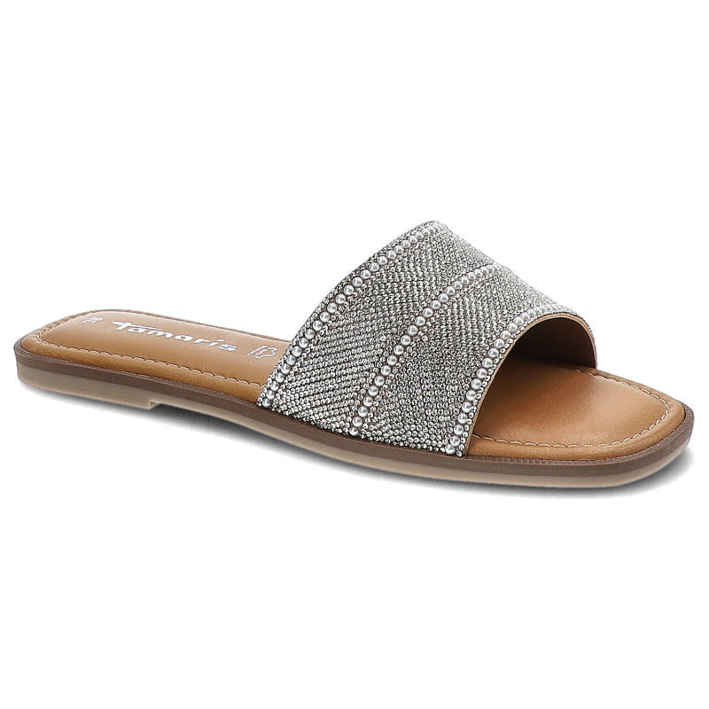 Klapki damskie Tamaris, ze skóry naturalnejprofilowanej wkładce i płaskim obcasie, białe glam, 1-27127-28-172