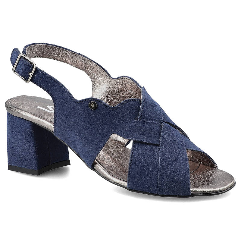 Sandaly damskie Lamanti, naturalna skóra zamszowa z krzyżującymi się paskami regulowanym zapięciem na sprzączkę oraz obcasem o średniej wysokości, gr