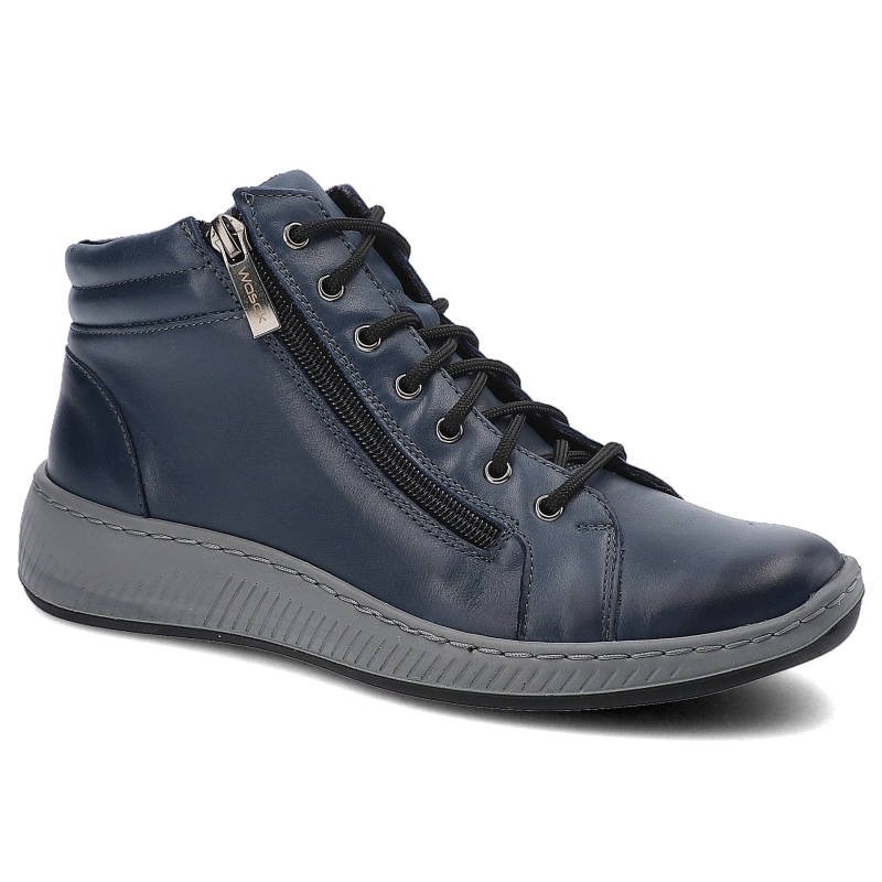 Botki damskie Wasak, naturalna skóra licowa sznurowana cholewka z bocznym zamkiem i elastyczna podeszwa, granatowe, 595