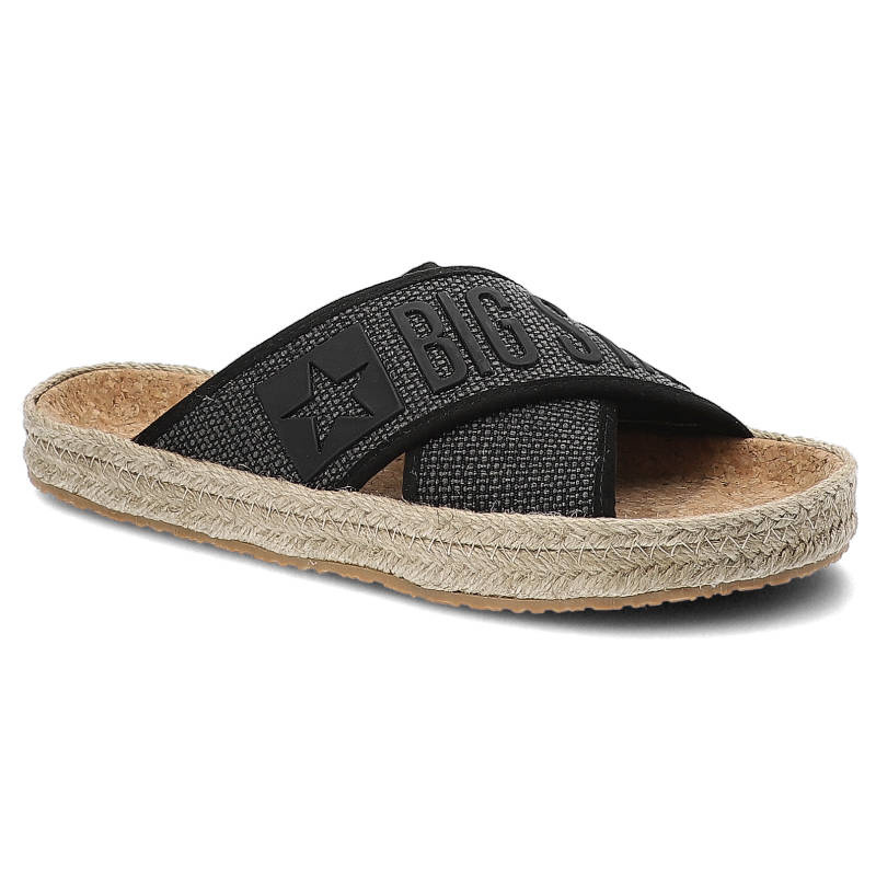 Klapki damskie Big Star, materiał tekstylny z szerokim paskiem z logo na cholewce miękką wkładką, czarne, JJ274717