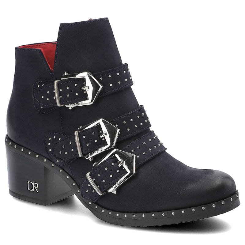 Botki damskie Carinii, skórzane i na obcasie, granatowe, B4502_-M07-000-POL-861