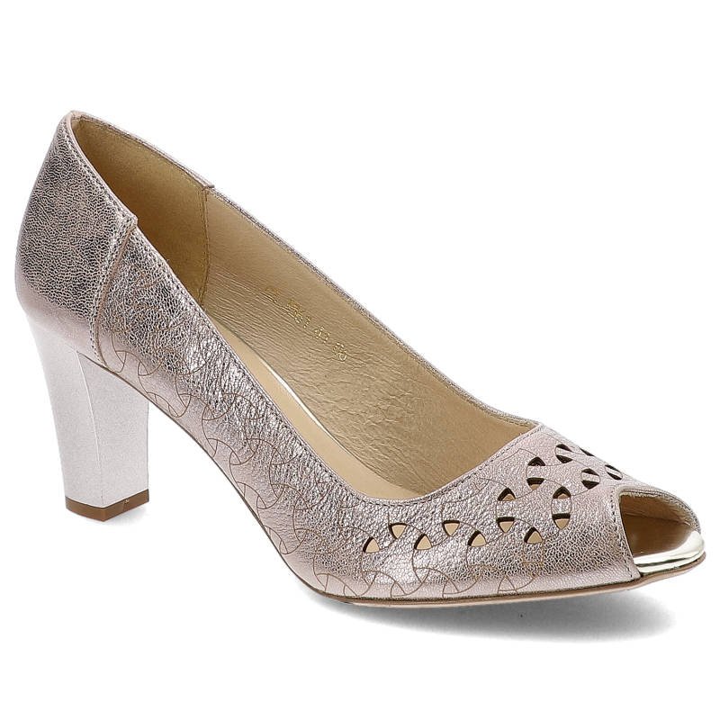 Czółenka damskie Gamis, skóra licowa z perforacją i na wysokim słupku, różowe, 3361-P-117