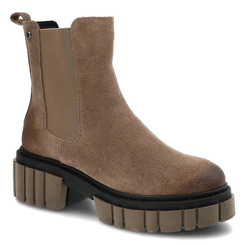 Botki damskie Lemar, naturalna skóra zamszowa z elastycznymi wstawkami po bokach cholewki oraz masywną podeszwą, taupe, 60328-W